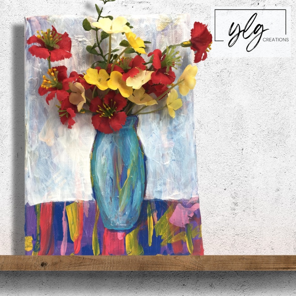 Original Art Floral Mixed Media Acrylic Painting Colorful Decor Red Yellow 7 x 5